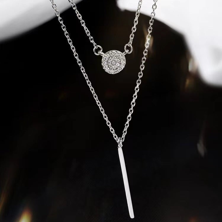 S925 Silver Double Chain Necklace – Long Stick & Zircon Round Pendant