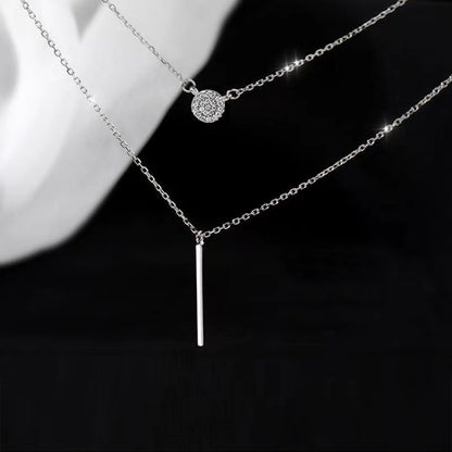 S925 Silver Double Chain Necklace – Long Stick & Zircon Round Pendant