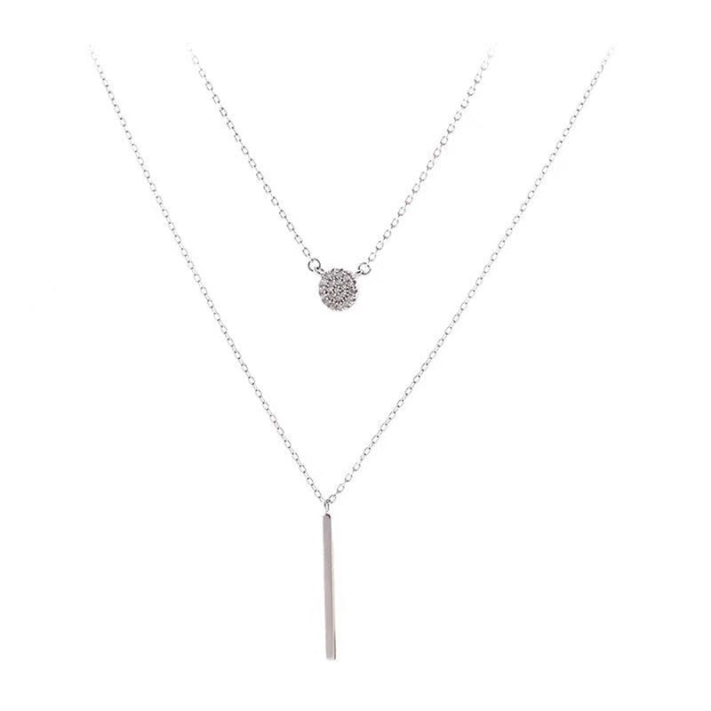 S925 Silver Double Chain Necklace – Long Stick & Zircon Round Pendant